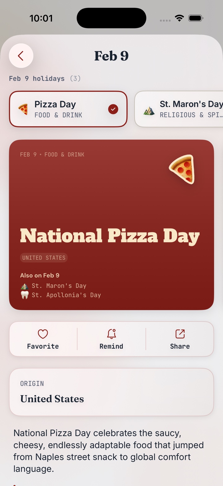 National Pizza Day detail screen showing the day’s holiday lineup, artwork, and Save, Remind, and Share actions